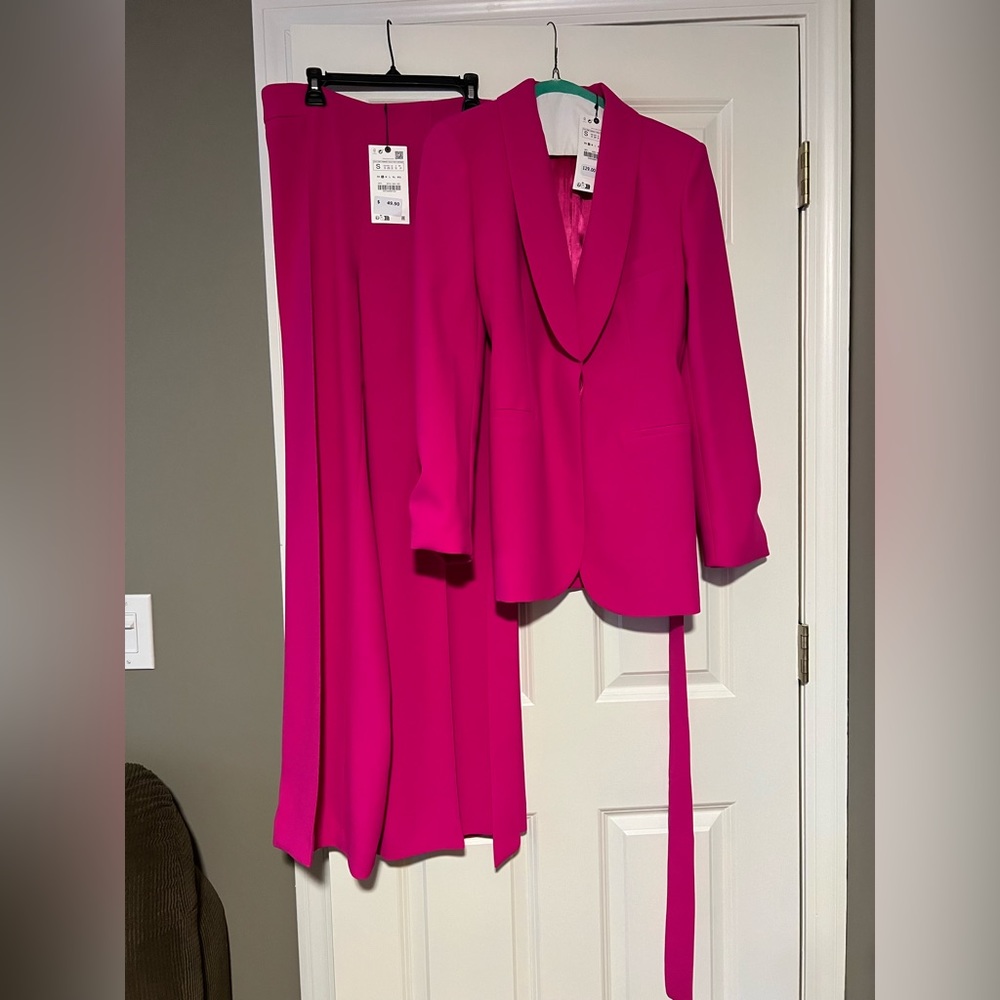 Hot pink Zara Belted tuxedo collar blazer and matching suit pants
